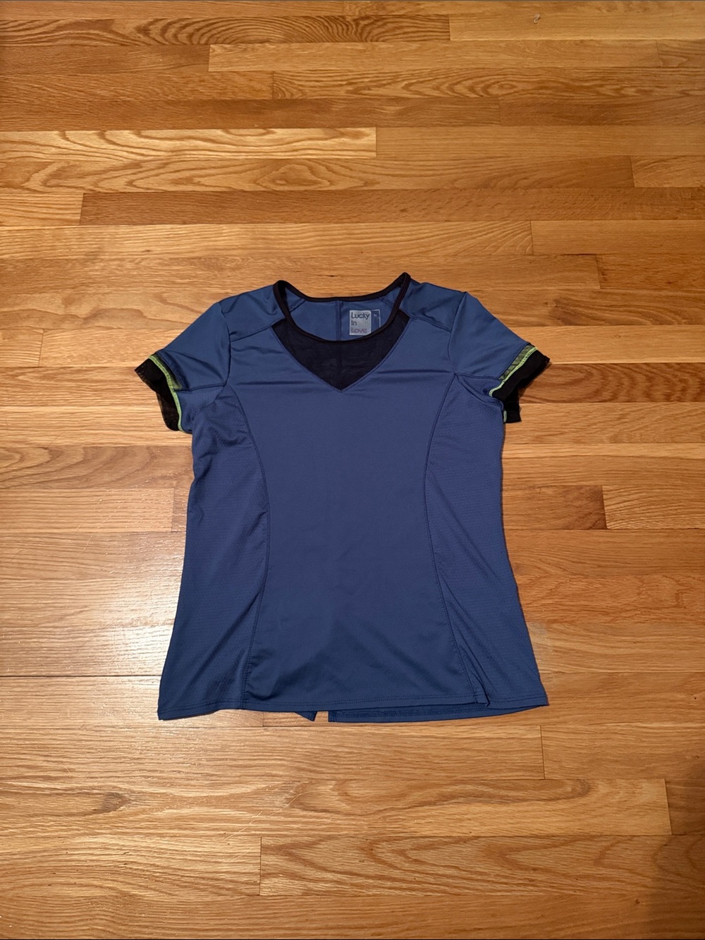 Lucky in Love Navy Short Sleeve V-Neck Active Tee with Lime Trim